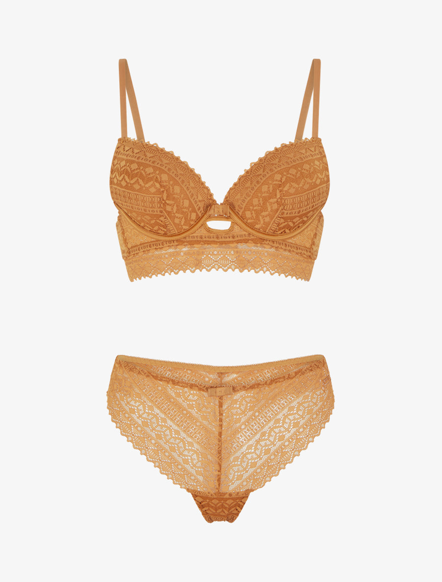 EMMA | Ensemble soutien-gorge avec nœuds et tanga ajouré en dentelle - Camel
