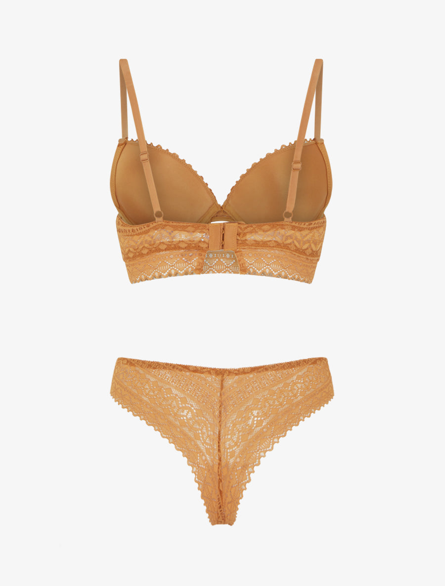 EMMA | Ensemble soutien-gorge avec nœuds et tanga ajouré en dentelle - Camel