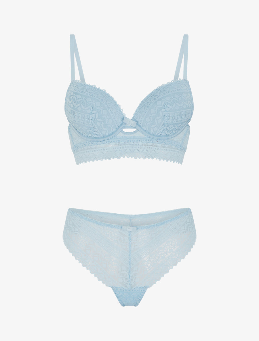 EMMA | Ensemble soutien-gorge avec nœuds et tanga ajouré en dentelle - Bleu ciel