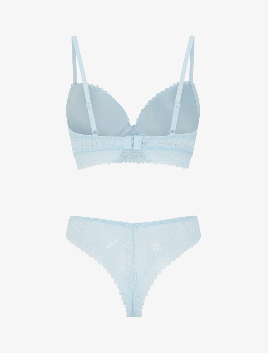 EMMA | Ensemble soutien-gorge avec nœuds et tanga ajouré en dentelle - Bleu ciel