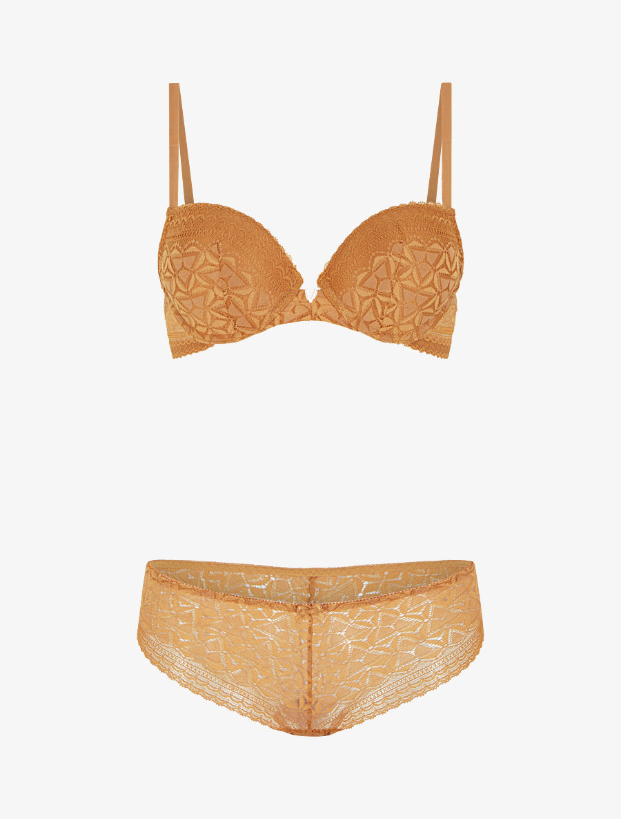 ÉLÉNA | Ensemble soutien-gorge et culotte ajouré et bijou - Camel