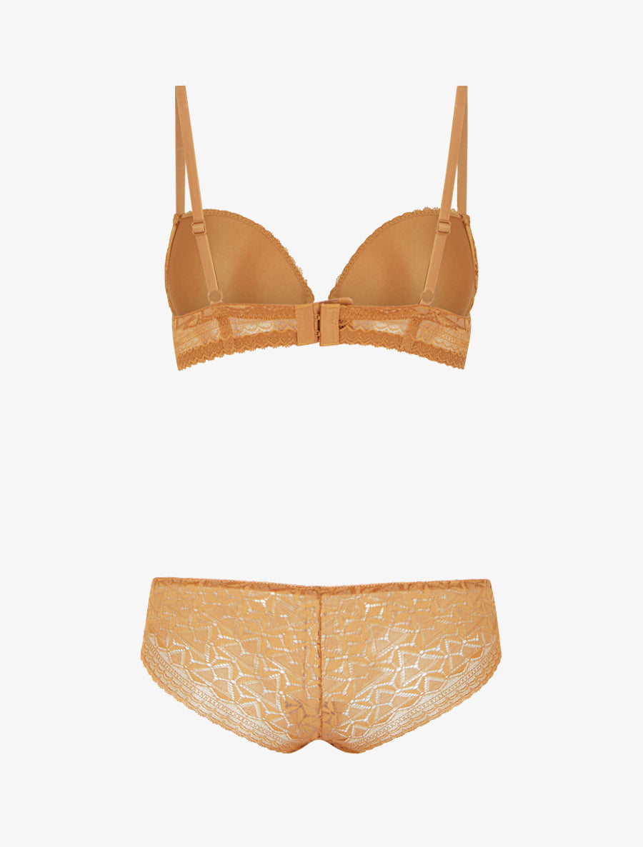ÉLÉNA | Ensemble soutien-gorge et culotte ajouré et bijou - Camel