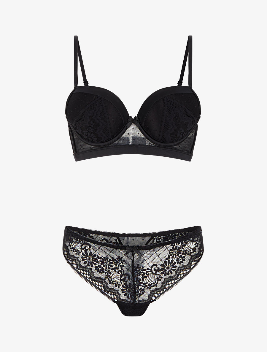 CONSTANCE | Ensemble soutien-gorge et tanga ajouré à détail satiné - Noir