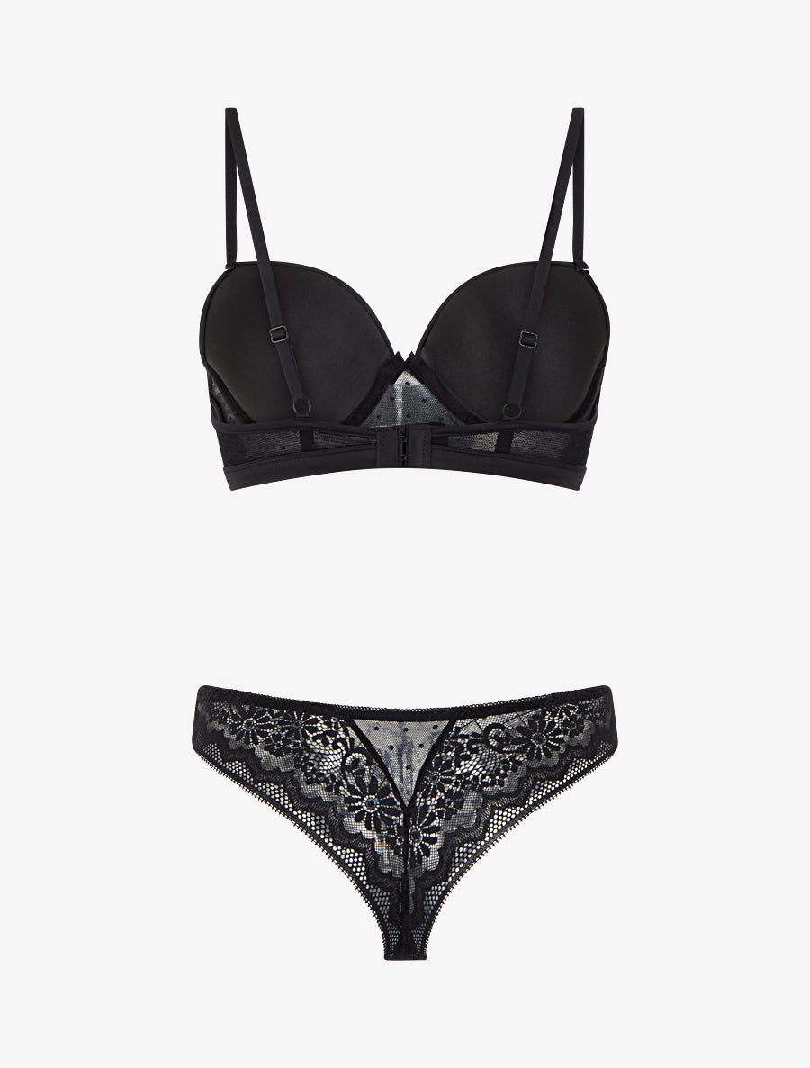 CONSTANCE | Ensemble soutien-gorge et tanga ajouré à détail satiné - Noir