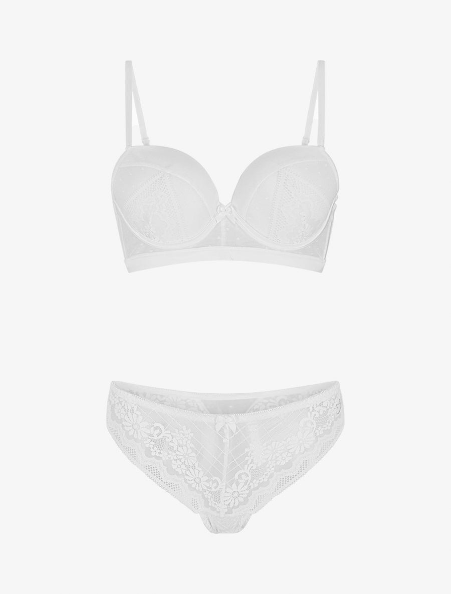 CONSTANCE | Ensemble soutien-gorge et tanga ajouré à détail satiné - Blanc