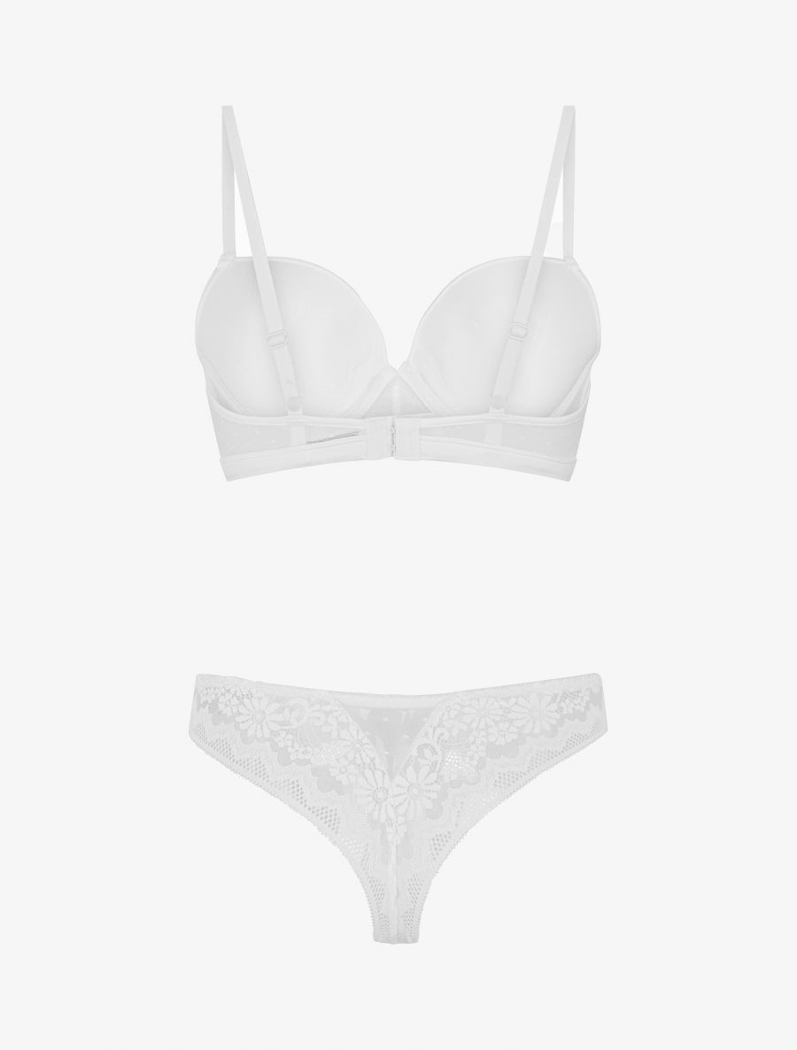 CONSTANCE | Ensemble soutien-gorge et tanga ajouré à détail satiné - Blanc