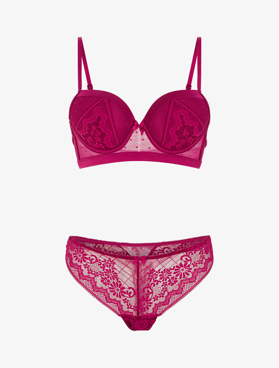 CONSTANCE | Ensemble soutien-gorge et tanga ajouré à détail satiné - Fushia