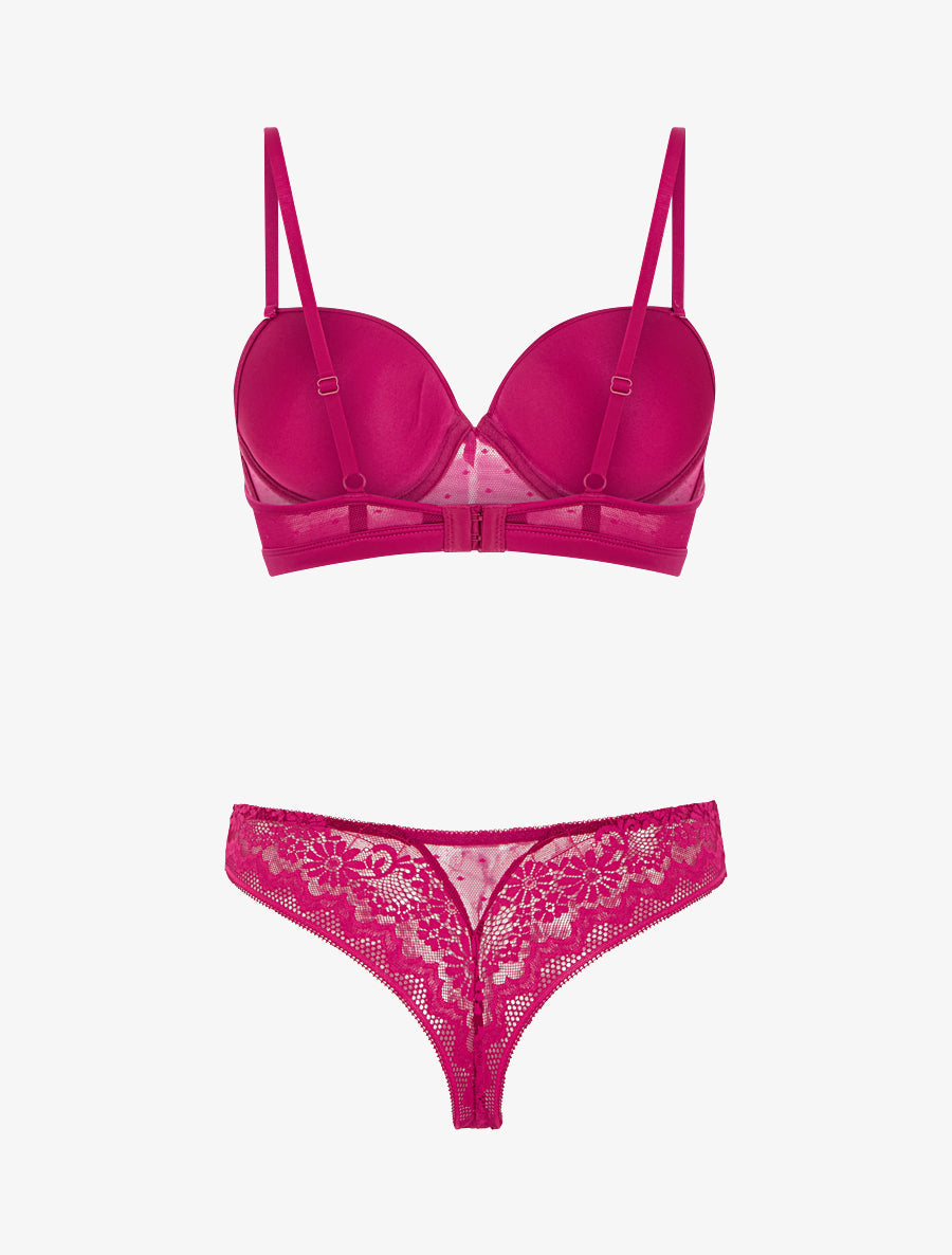 CONSTANCE | Ensemble soutien-gorge et tanga ajouré à détail satiné - Fushia