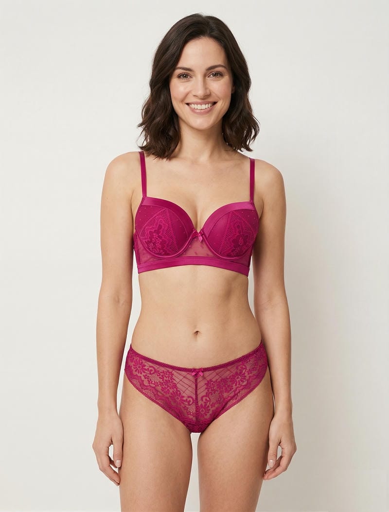 CONSTANCE | Ensemble soutien-gorge et tanga ajouré à détail satiné - Fushia