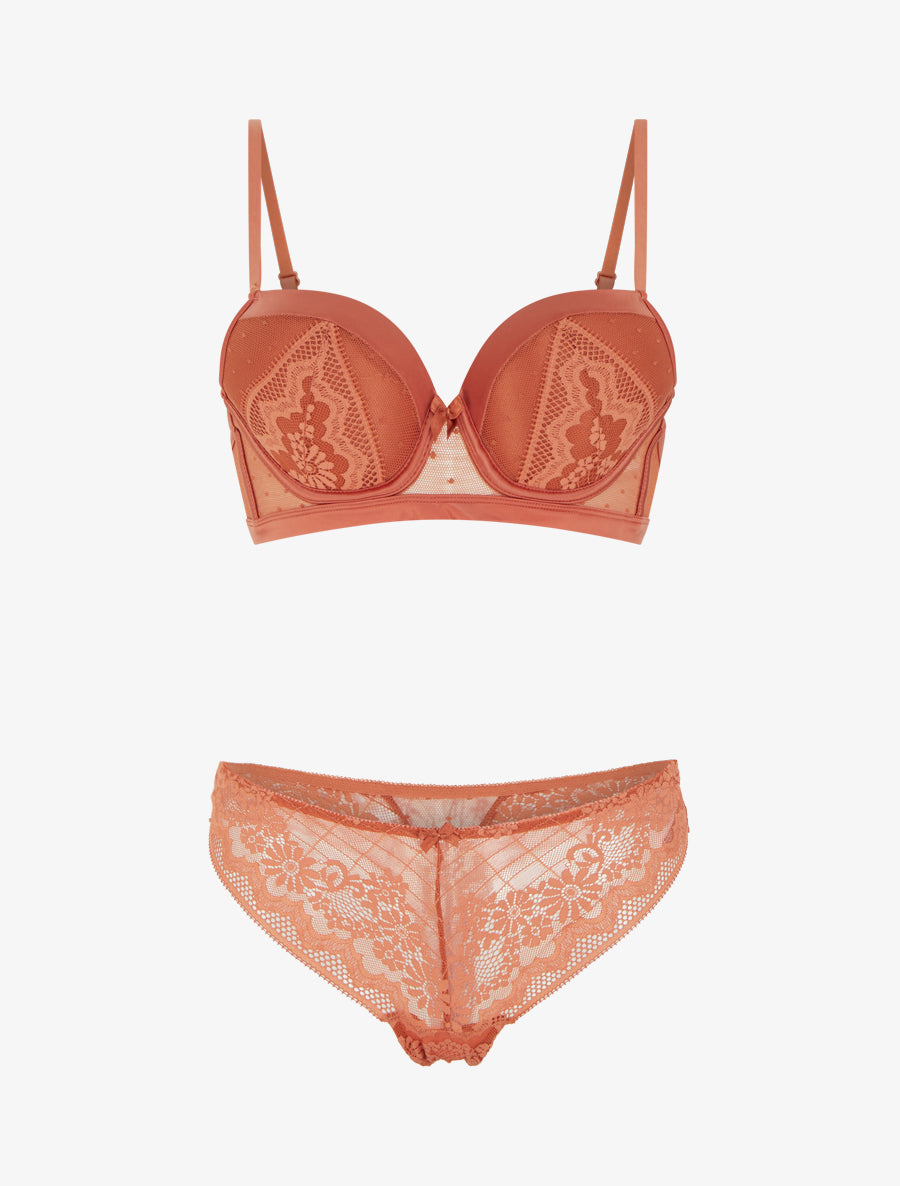 CONSTANCE | Ensemble soutien-gorge et tanga ajouré à détail satiné - Terracotta