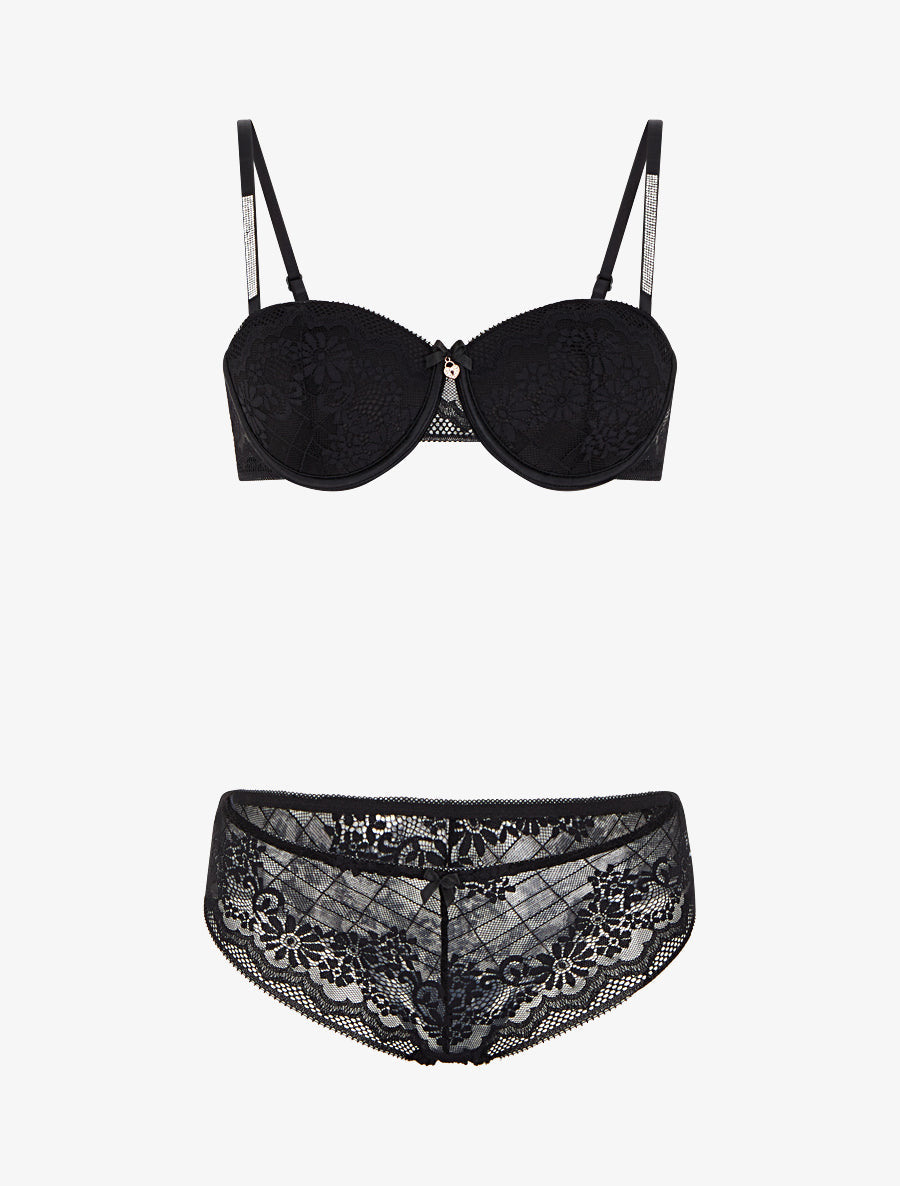 ELSA | Ensemble soutien-gorge et culotte ajouré à bretelles strassées - Noir