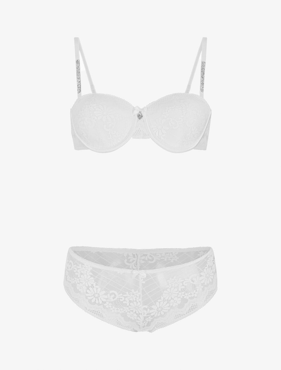ELSA | Ensemble soutien-gorge et culotte ajouré à bretelles strassées - Blanc