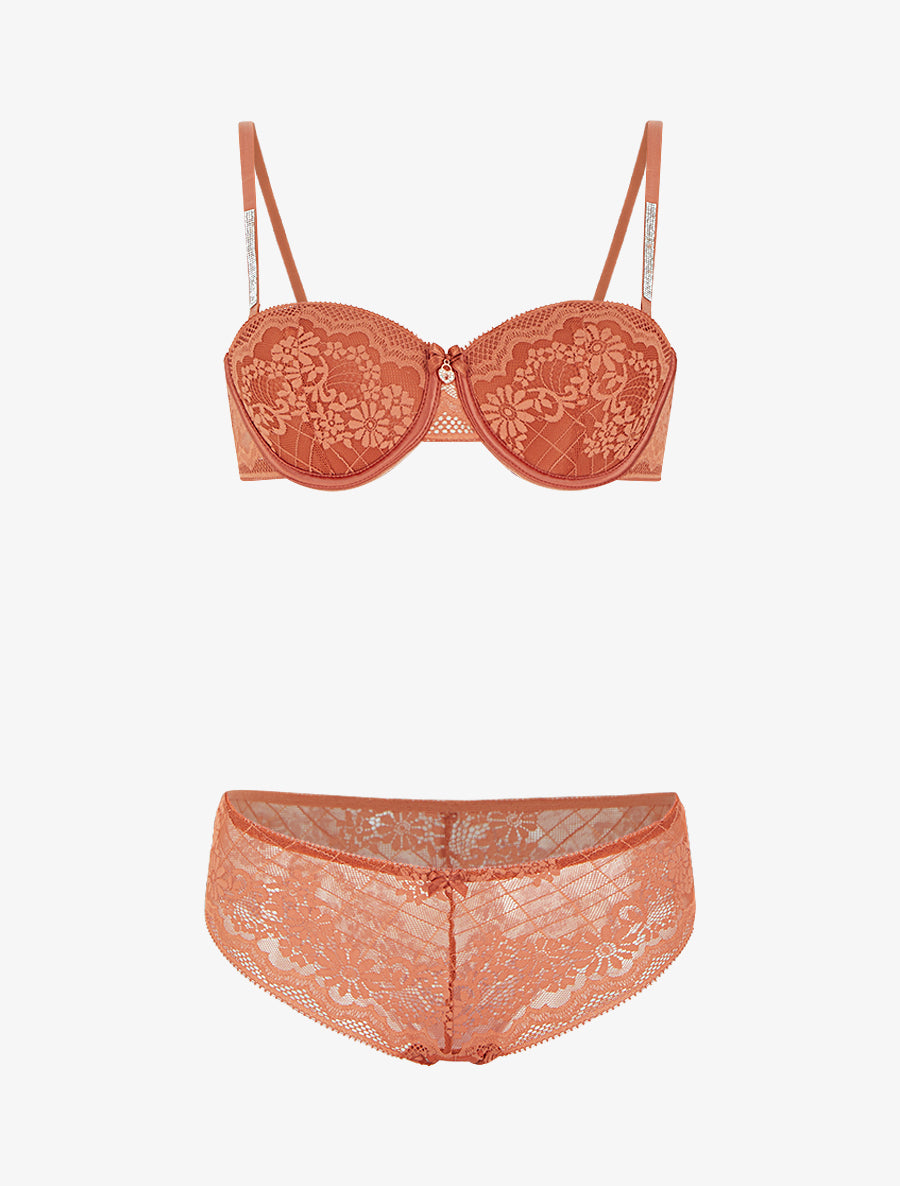 ELSA | Ensemble soutien-gorge et culotte ajouré à bretelles strassées - Terracotta