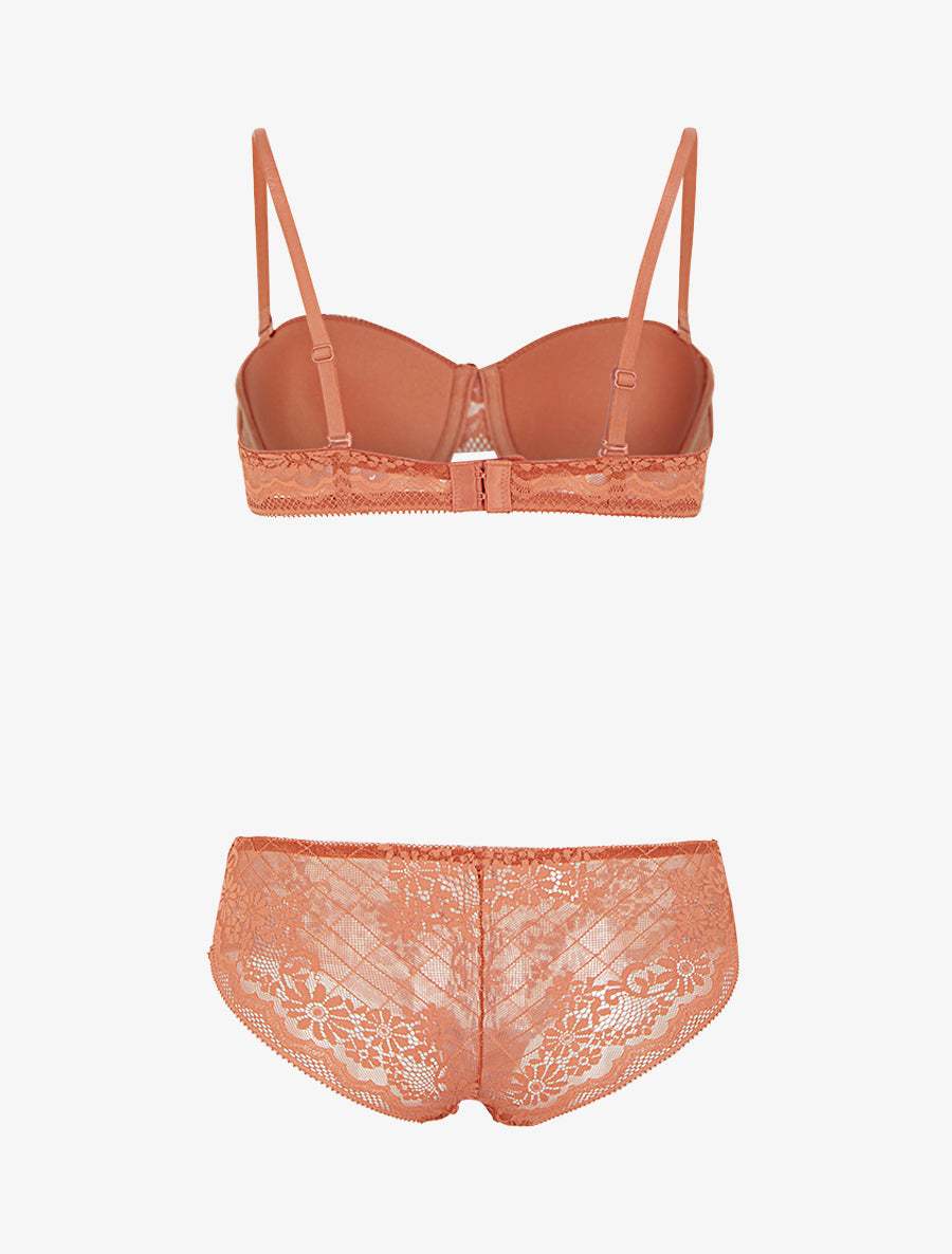 ELSA | Ensemble soutien-gorge et culotte ajouré à bretelles strassées - Terracotta