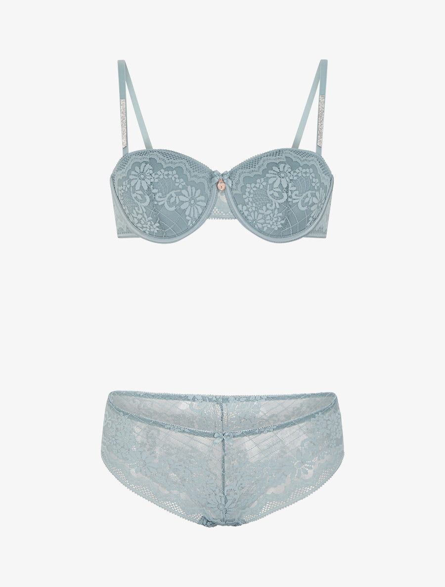 ELSA | Ensemble soutien-gorge et culotte ajouré à bretelles strassées - Vert gris