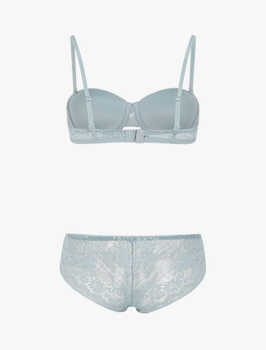 ELSA | Ensemble soutien-gorge et culotte ajouré à bretelles strassées - Vert gris