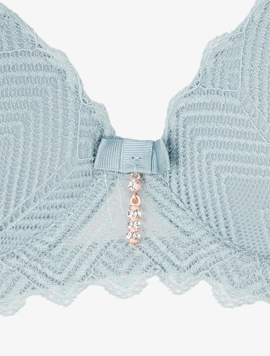 CLÉMENCE | Ensemble soutien-gorge et tanga ajouré à bijoux strassés - Vert gris