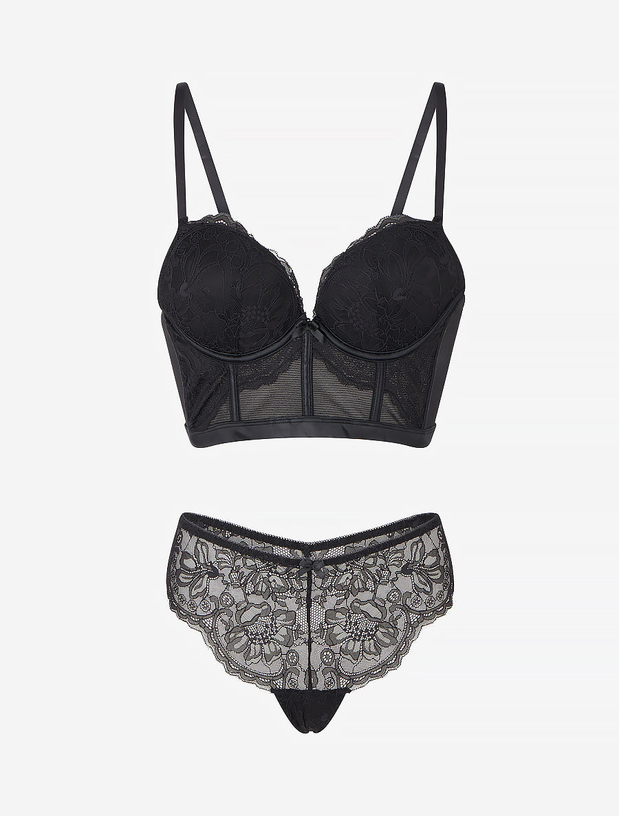 DIANE | Ensemble lingerie style corset à dentelle fleurie - Noir