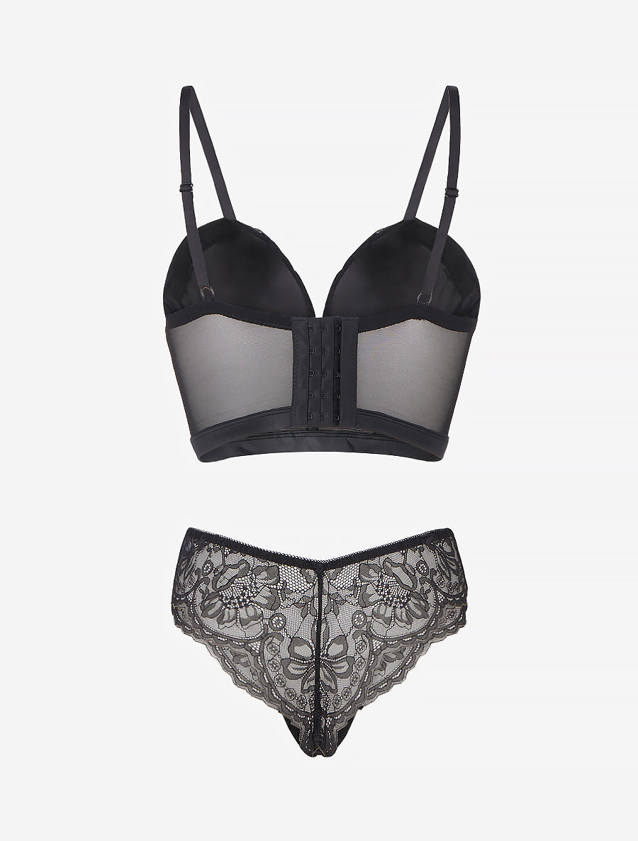DIANE | Ensemble lingerie style corset à dentelle fleurie - Noir