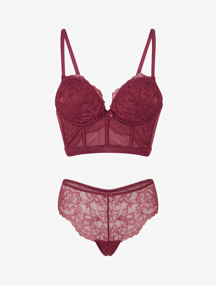 DIANE | Ensemble lingerie style corset à dentelle fleurie - Prune