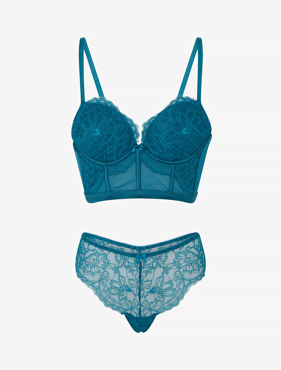 DIANE | Ensemble lingerie style corset à dentelle fleurie - Bleu canard