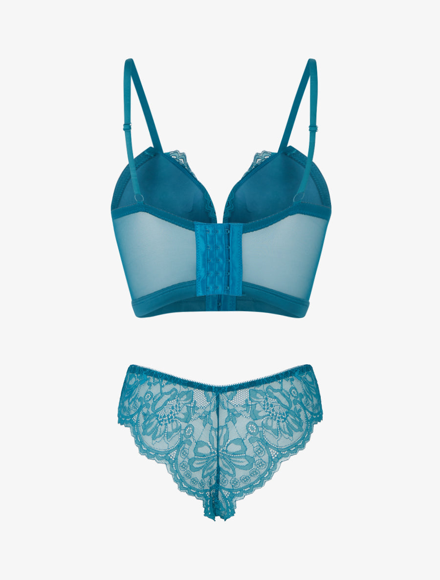 DIANE | Ensemble lingerie style corset à dentelle fleurie - Bleu canard