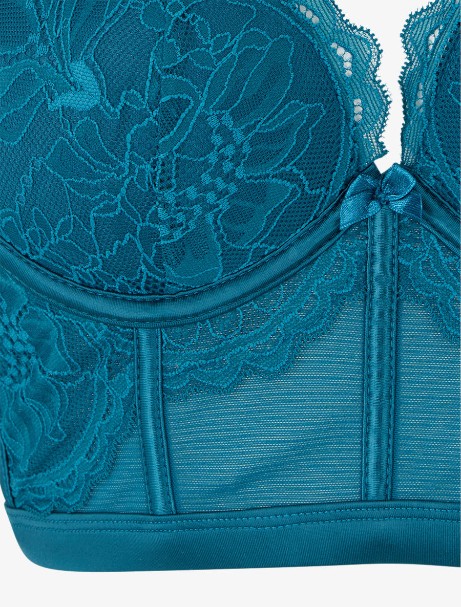 DIANE | Ensemble lingerie style corset à dentelle fleurie - Bleu canard
