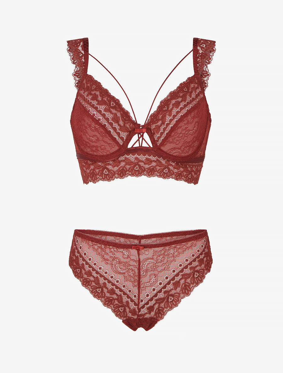 ARLETTE | Ensemble lingerie en dentelle à liens - Terracotta