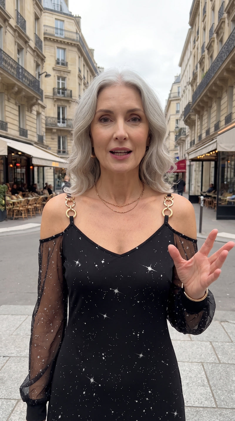 ANOUK — vestido negro de brillo por la calle