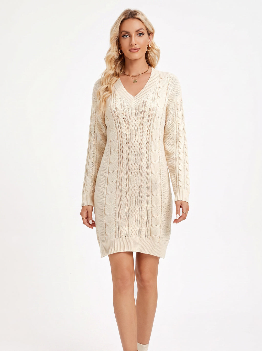 CHARLOTTE | Robe pull courte en maille torsadée, col V