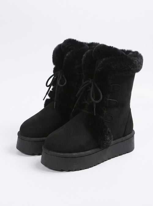 ASPEN | Bottines à plateforme et lacets, bordure fausse fourrure