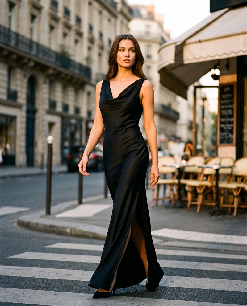 Robe GABRIELLE portée dans une rue parisienne à l'heure dorée