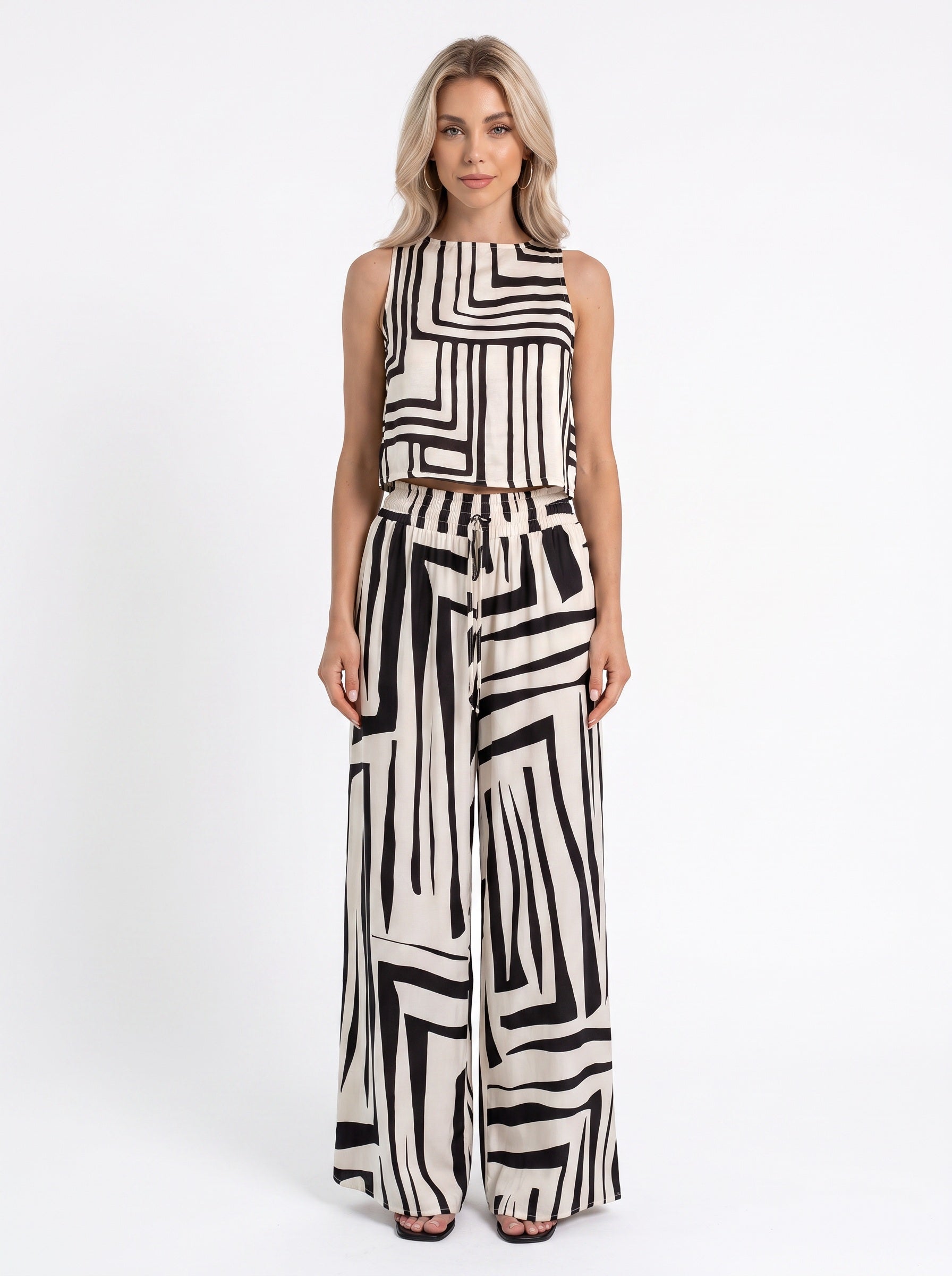 RIVIERA | Ensemble top sans manches et pantalon large, imprimé géométrique