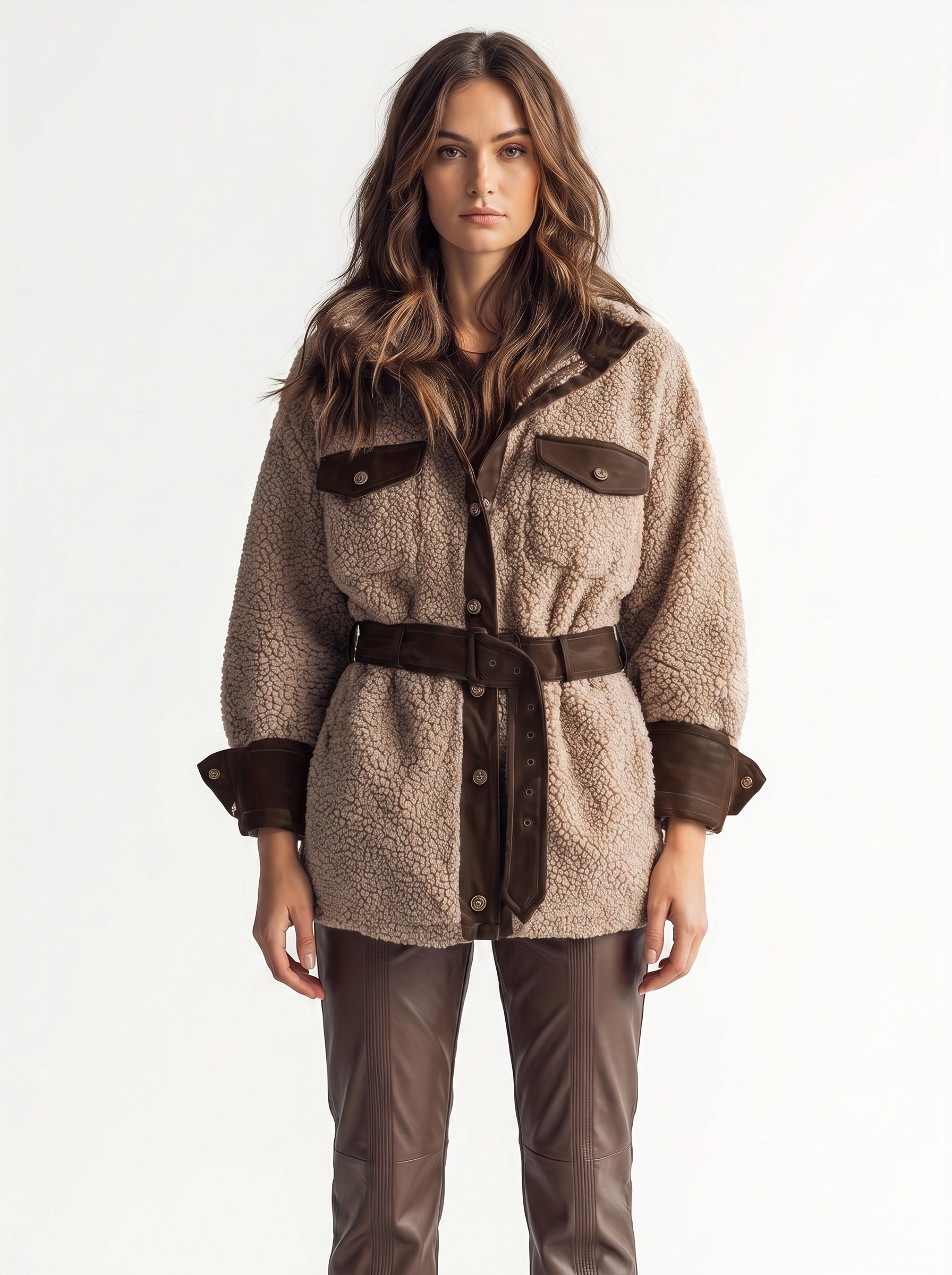 GLACIER | Veste sherpa à finitions cuir et poches