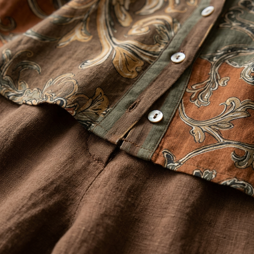 NATHALIE – matière : lin lavé brun et imprimé baroque vintage olive, rouille et ocre, boutons nacrés