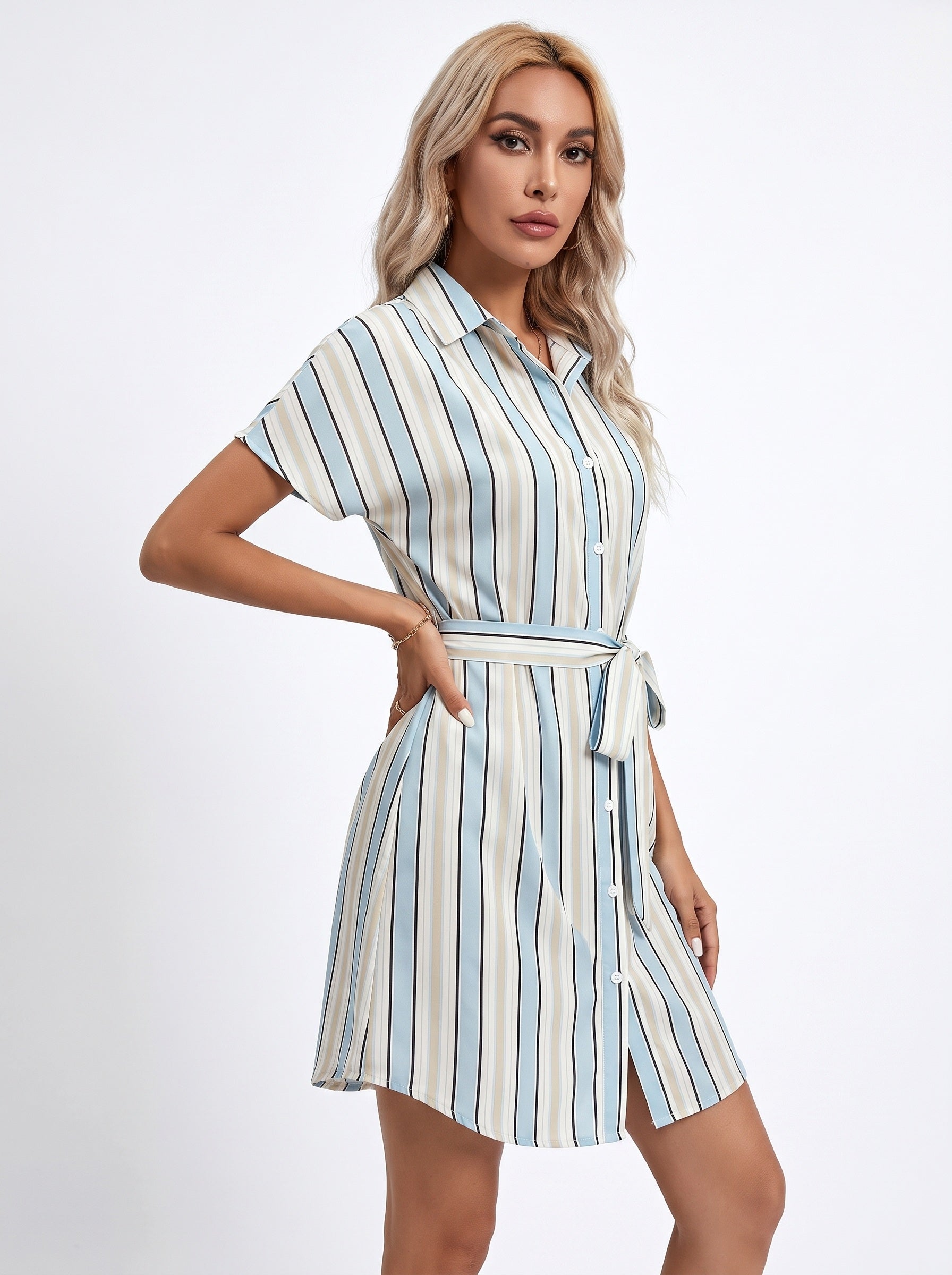 MARGAUX | Robe rayée à col chemise et taille nouée
