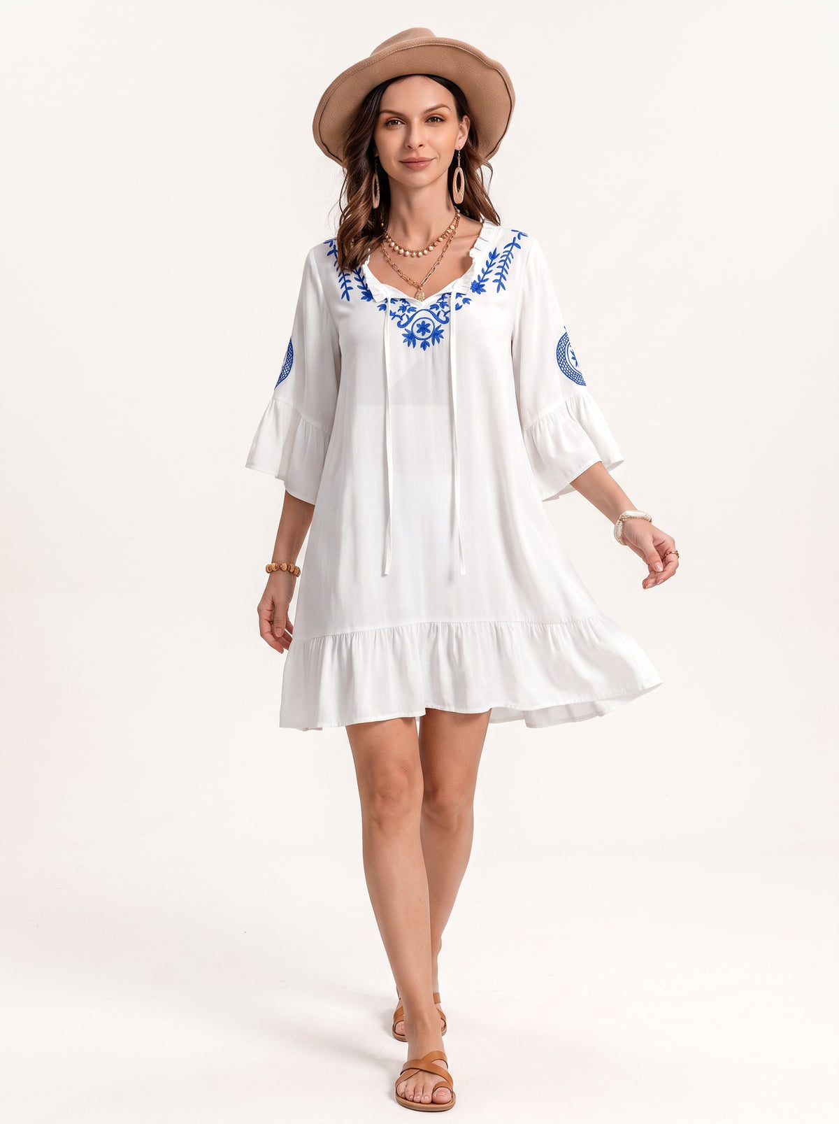 LÉONIE | Robe courte imprimée, col noué et manches volantées