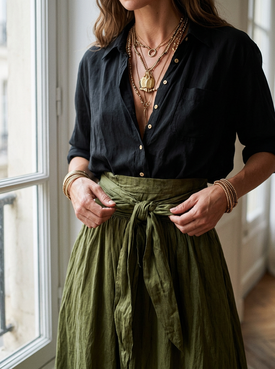 SIENNE – matière : lin fluide vert olive noué à la taille et voile noir de la chemise