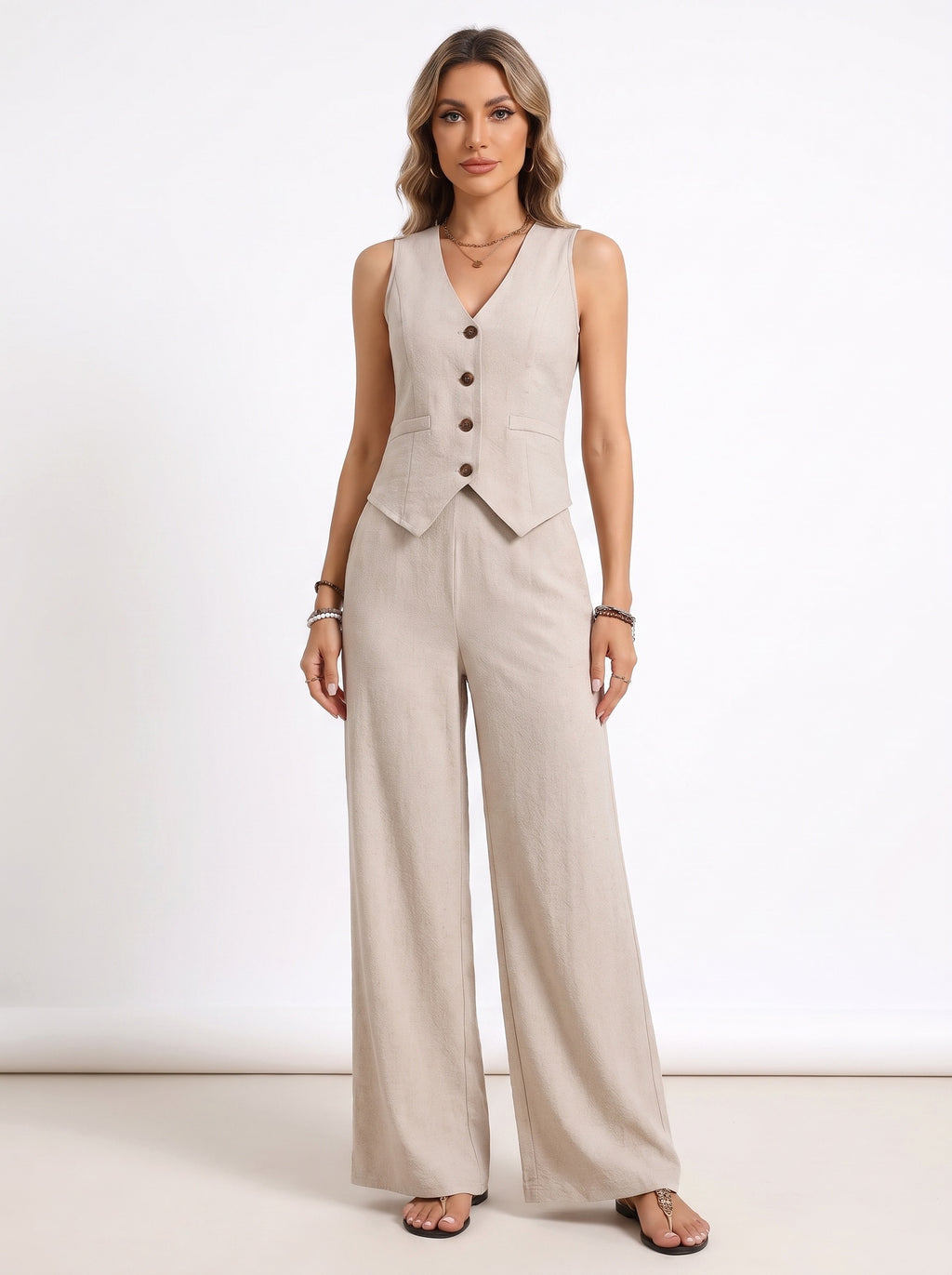 MONACO | Ensemble gilet boutonné col V et pantalon large