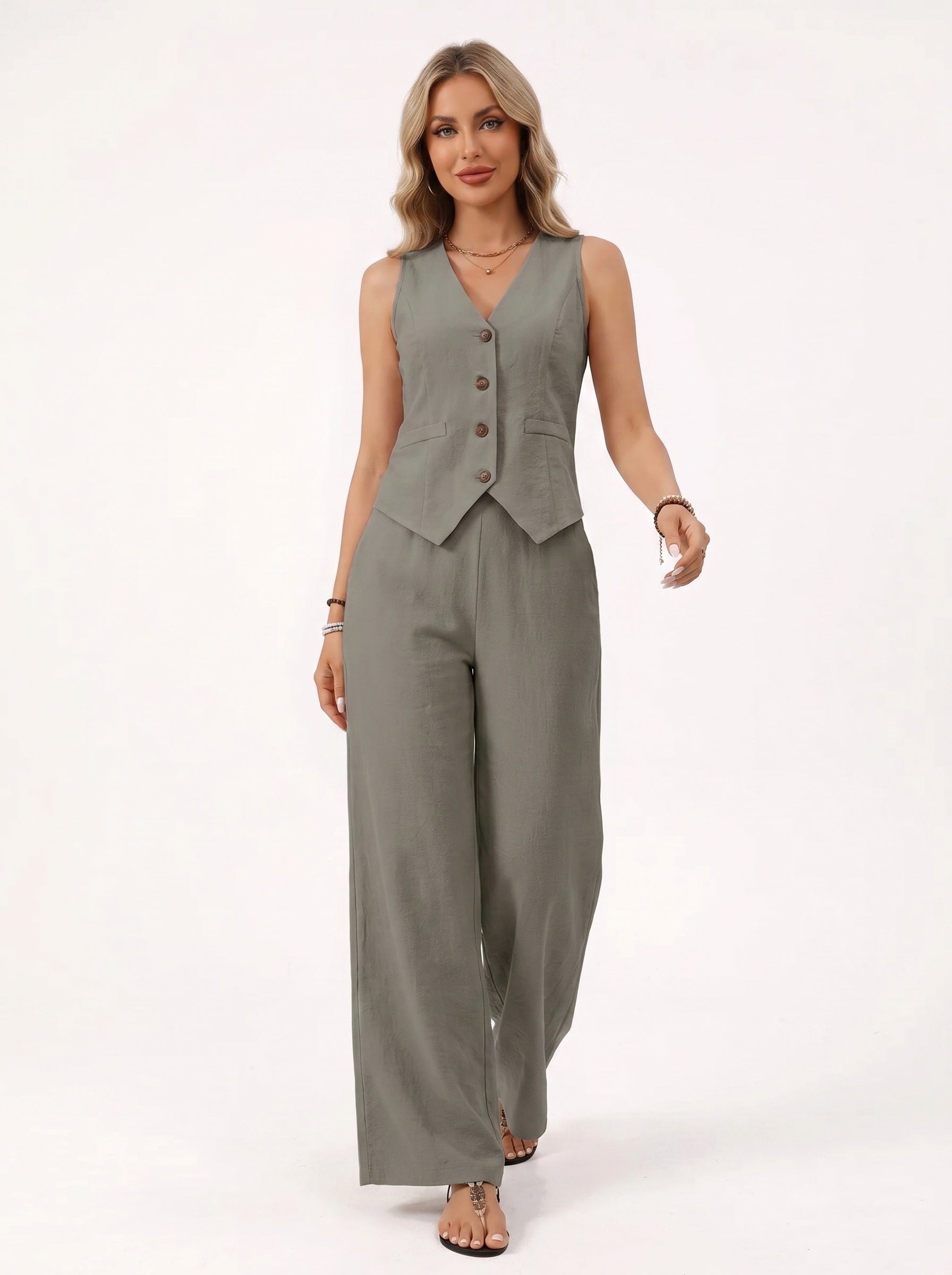 MONACO | Ensemble gilet boutonné col V et pantalon large
