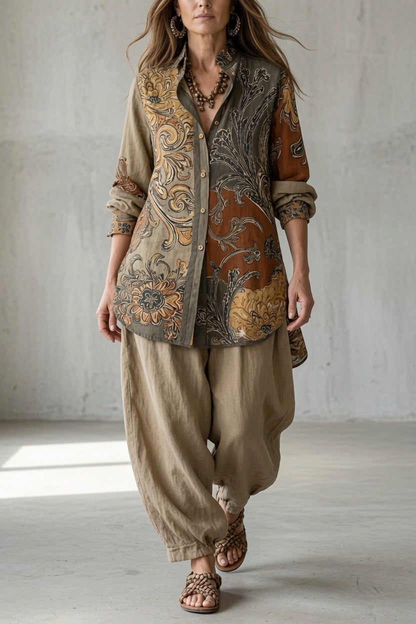 NATHALIE | Ensemble vintage chemise imprimée et pantalon