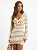 MANON | Robe courte au crochet, col V, manches longues