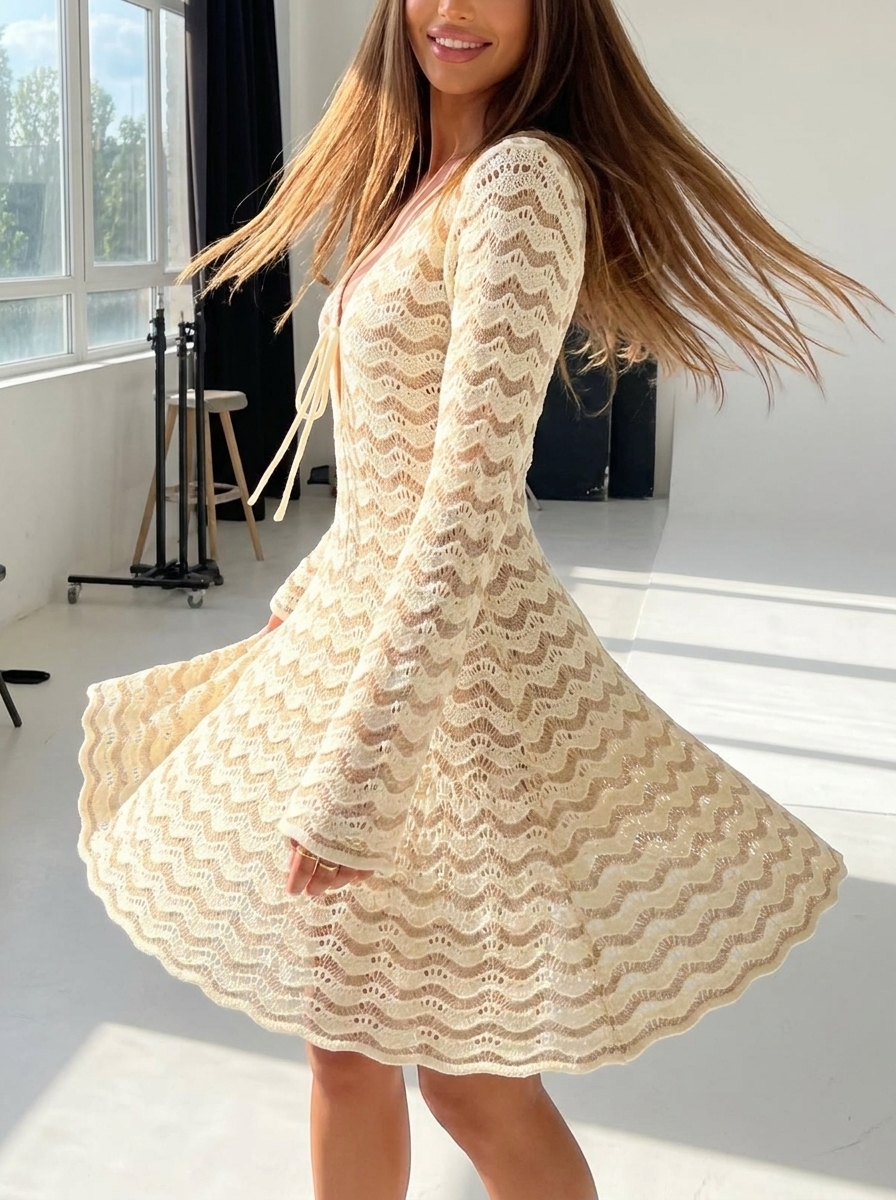 MANON | Robe courte au crochet, col V, manches longues