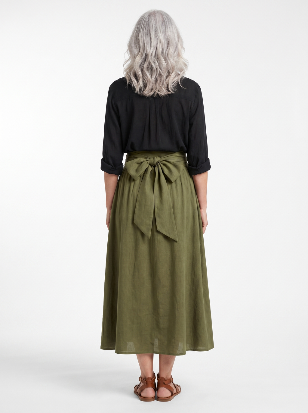 SIENNE - noeud a la taille de la jupe midi vert olive, vue de dos