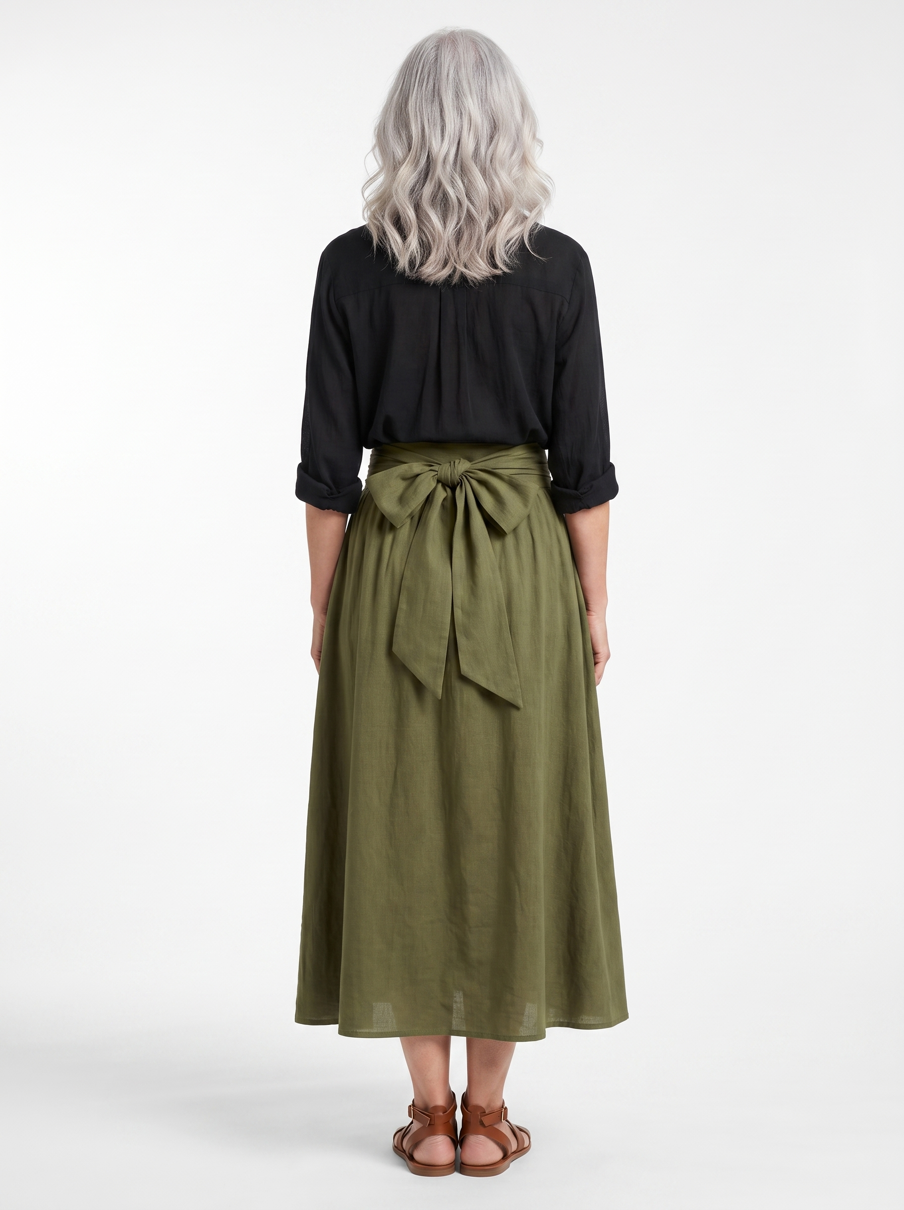 SIENNE - noeud a la taille de la jupe midi vert olive, vue de dos