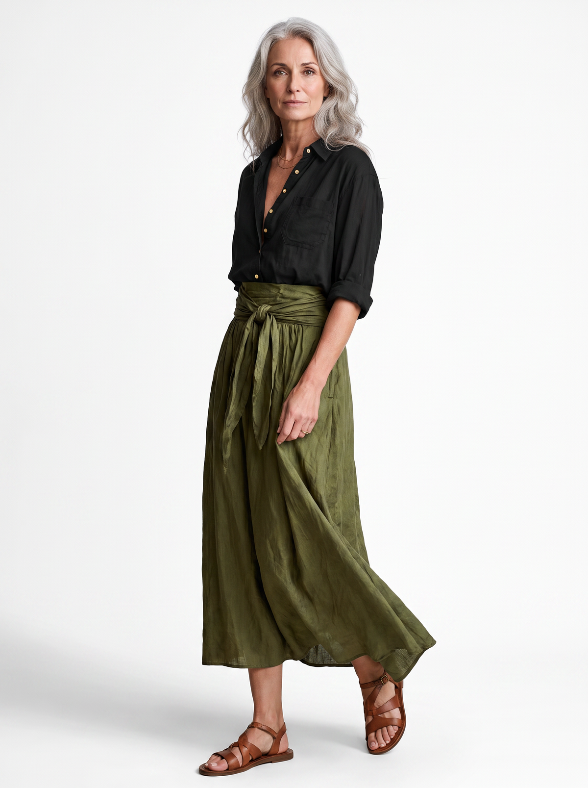 SIENNE - jupe midi vert olive nouee a la taille, vue de trois quarts