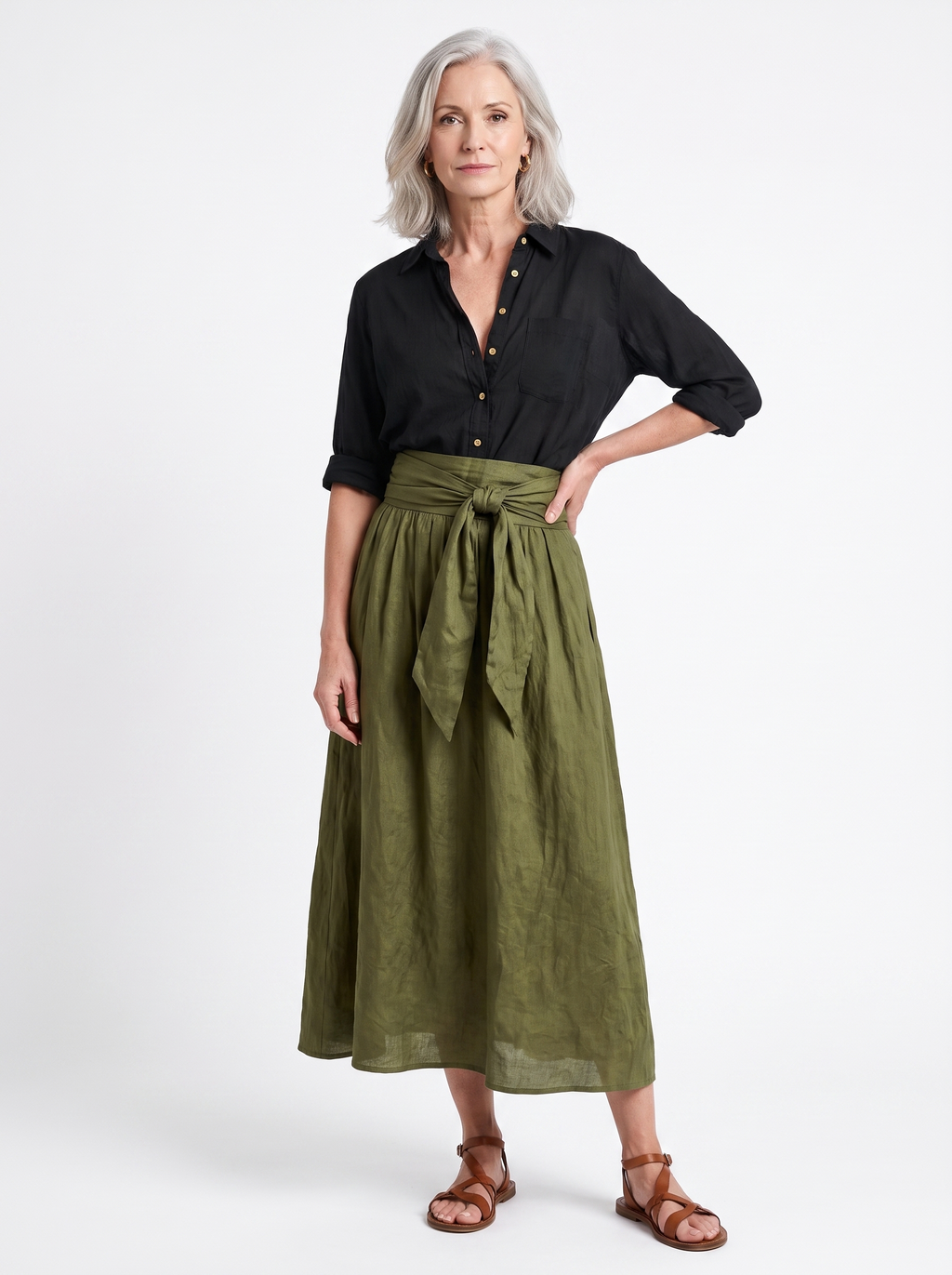 SIENNE - ensemble chemise noire et jupe midi vert olive, vue de face alternative
