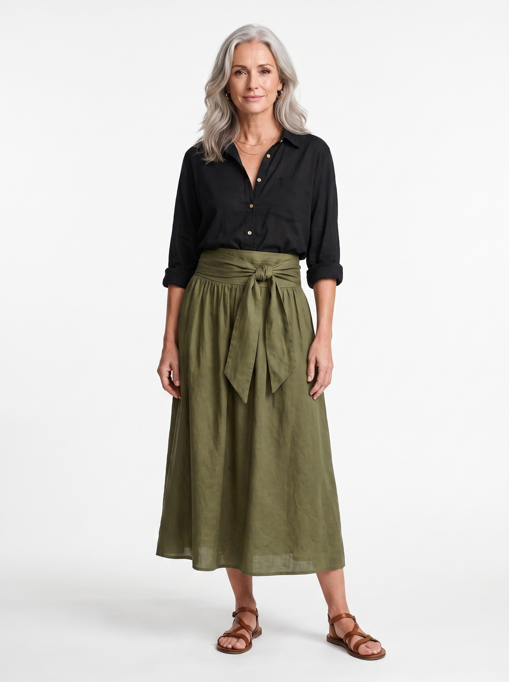 SIENNE - ensemble chemise noire et jupe midi vert olive, vue de face