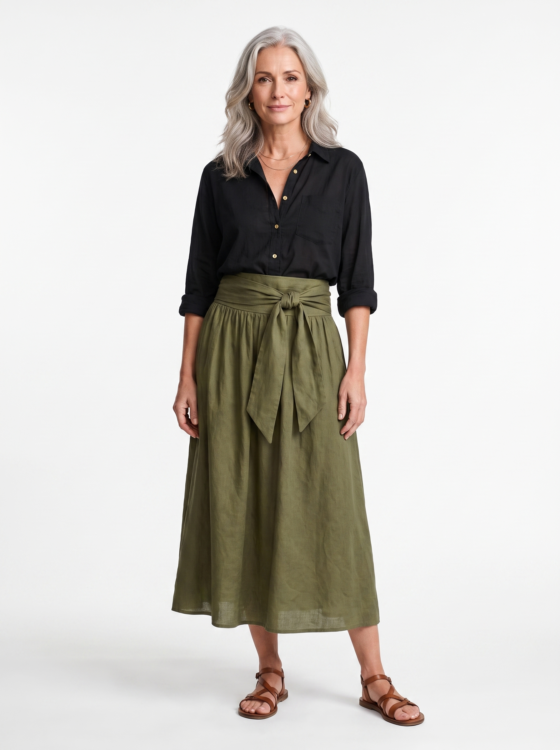SIENNE - ensemble chemise noire et jupe midi vert olive, vue de face