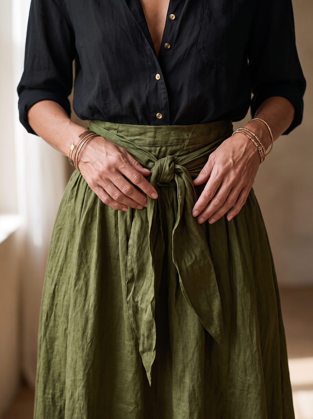 SIENNE - detail du noeud et de la matiere de la jupe vert olive